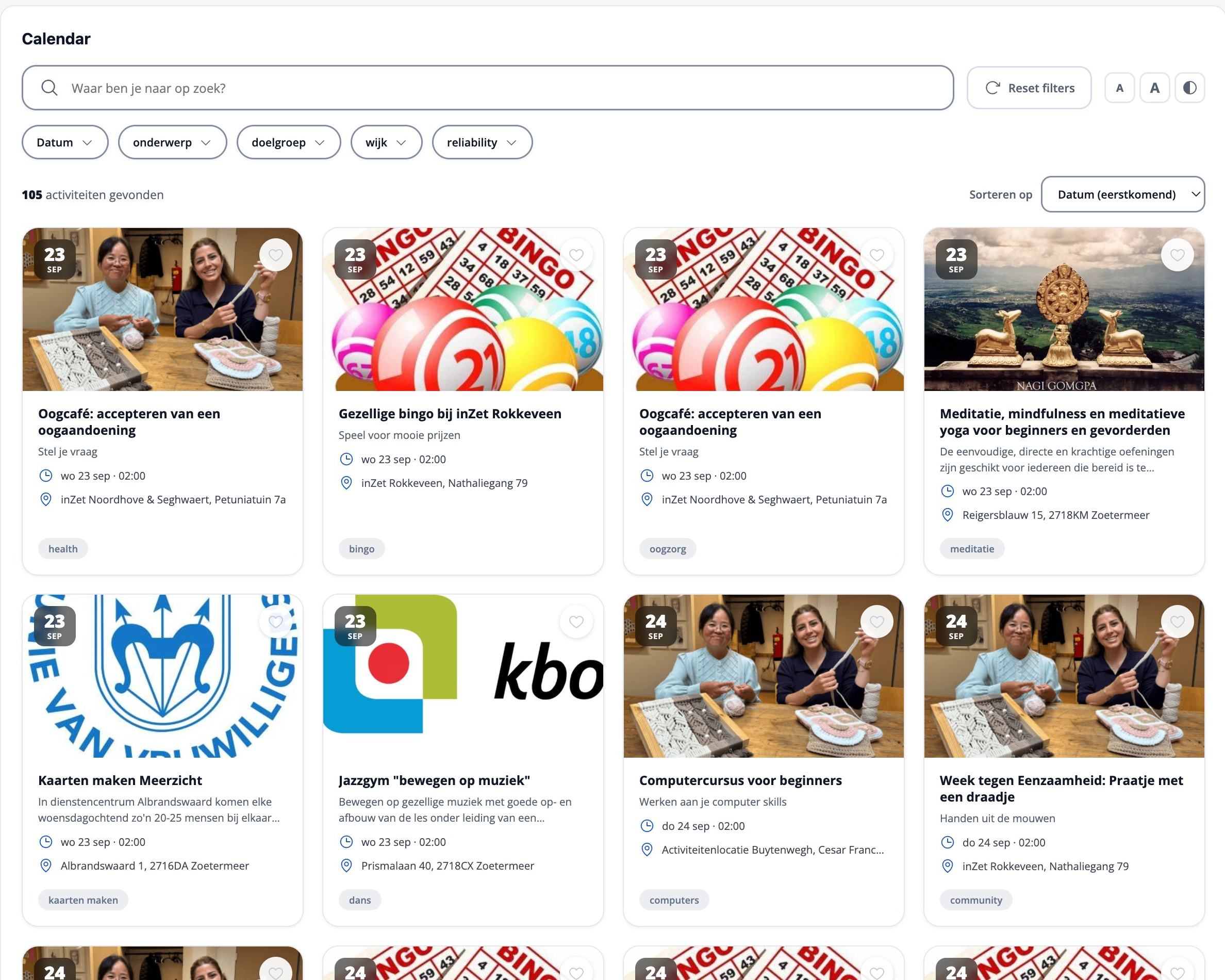 Voorbeeldweergave van de Nexus-activiteitenagenda met filters en activiteitenkaarten
