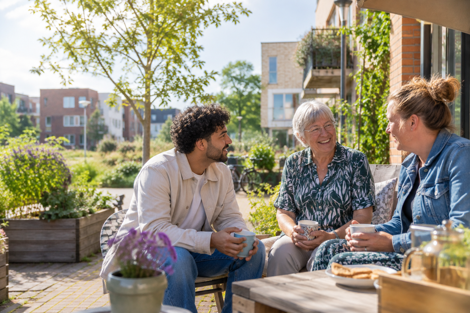 Buurtgenoten praten samen op een zonnige plek